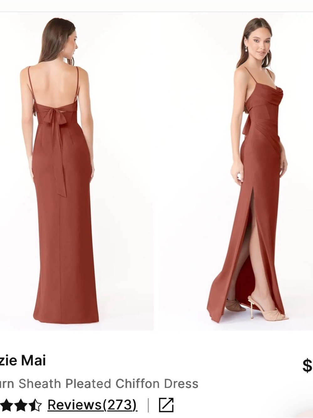 NWT Azazie Mai Bridesmaid Dress Gown Auburn 4 slit adjustable straps chiffon - Picture 5 of 14